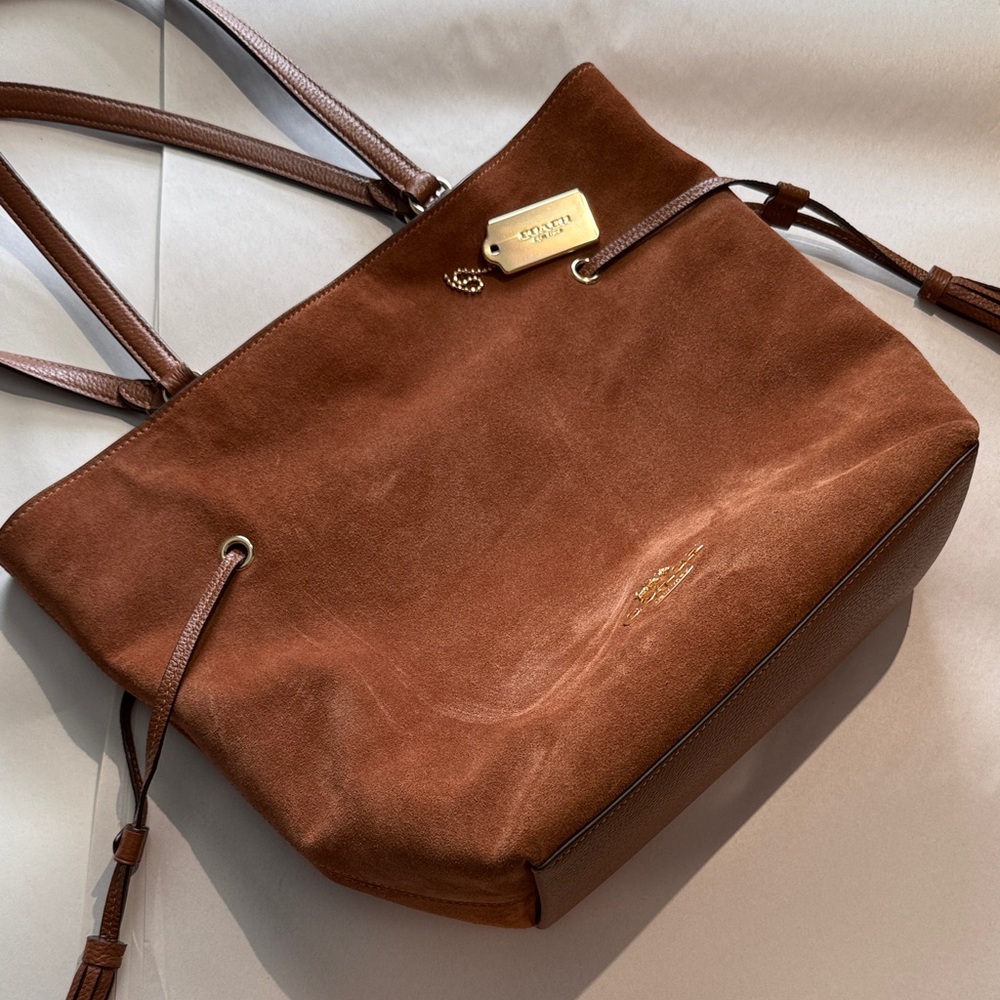 Coach Chestnut Suede Tote with Leather Trim and Gold Plaque